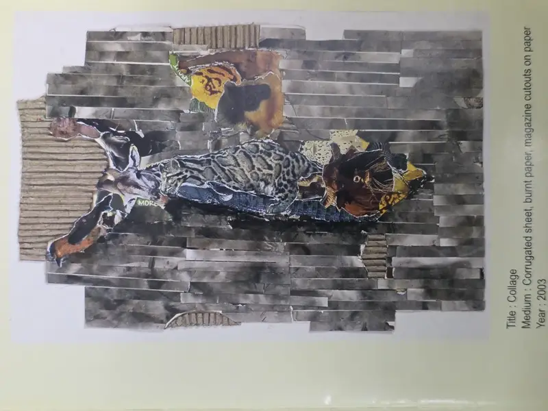 Collage — corrugated sheet, burnt paper, magazine cutouts, 2003
